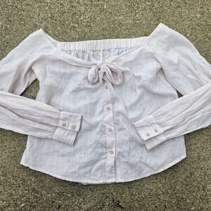 Free People Linen Tie Front Button Boho Feminine Blouse‎ Womens XS Pink Blush